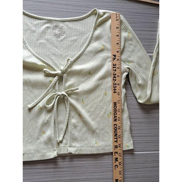 Y2K Arizona Lemon Print Ribbed Long Sleeve Double Tie-Front Cropped Top Shirt M - Picture 9 of 9